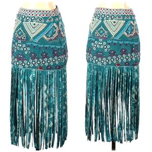 Rococo Sand Turquoise Aztec Print Embroidered Fringe Skirt RARE